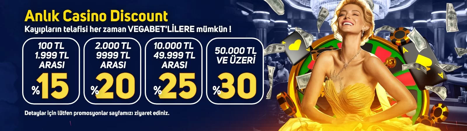 Vegabet canlı casino için kademeli indirim bonusu (%15–%30)